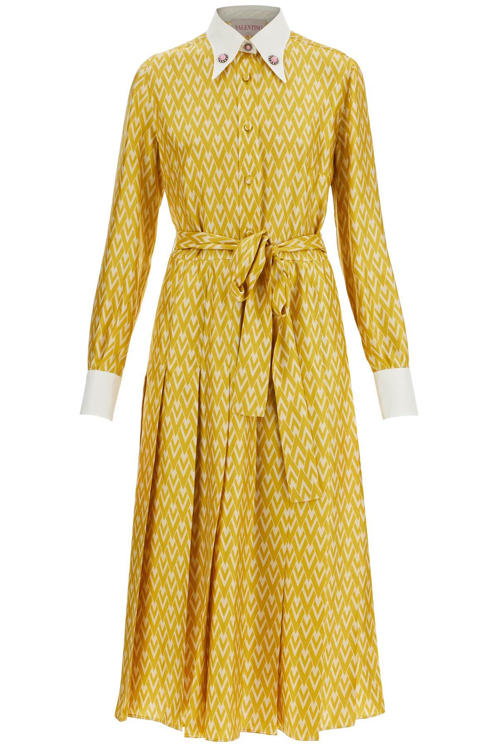 Valentino Garavani Long Yellow Ochre Silk Dress With Zig-zag Pattern