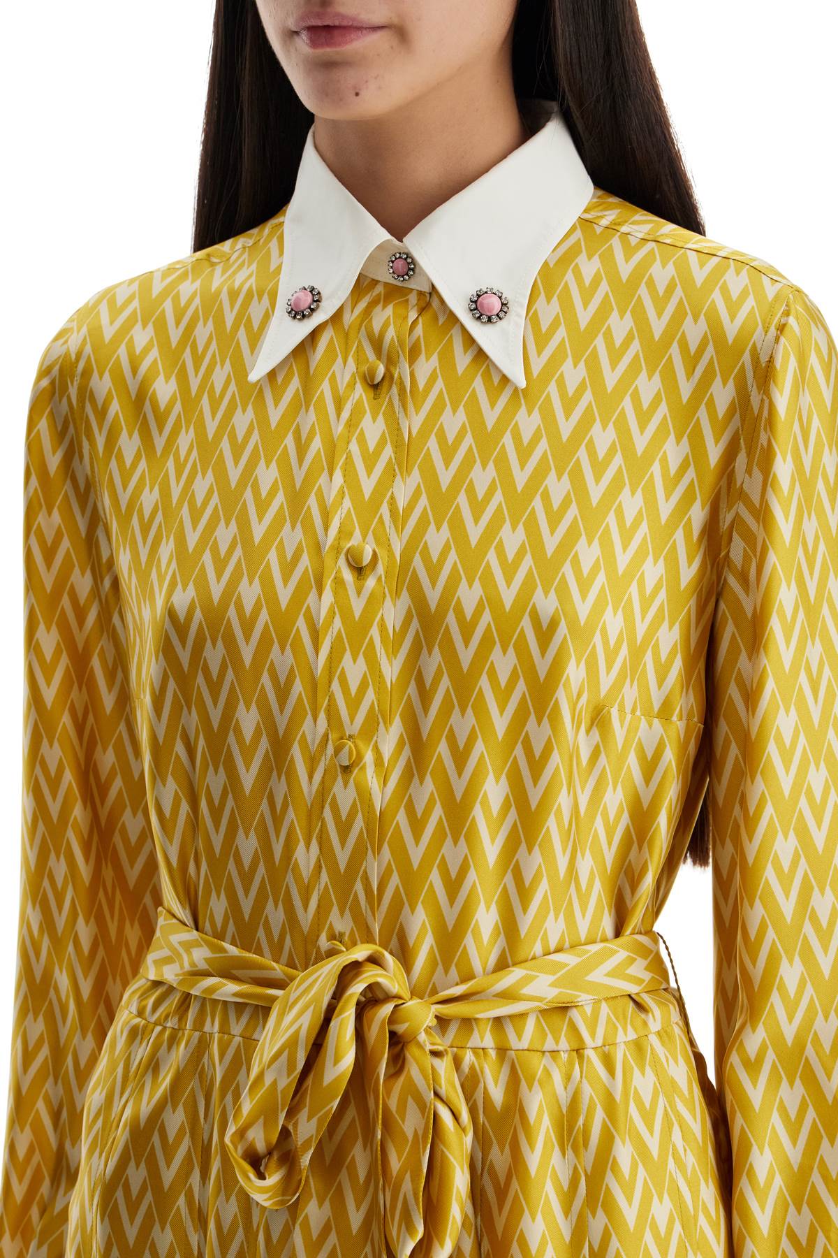 Valentino Garavani Long Yellow Ochre Silk Dress With Zig-zag Pattern