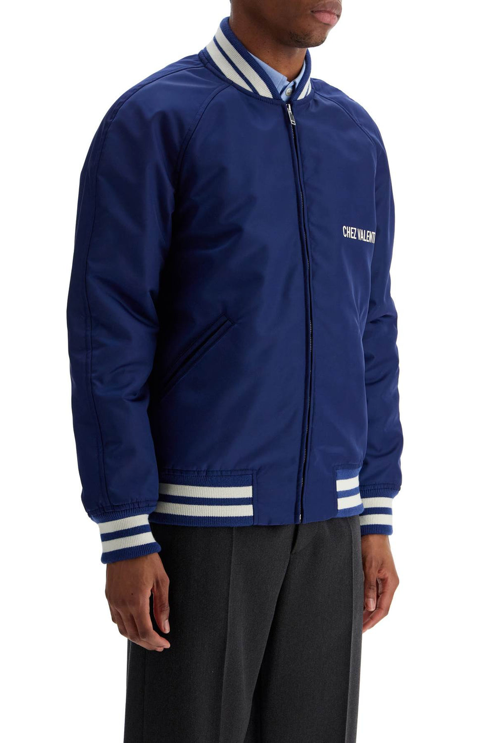 Valentino Garavani Blue Bomber Jacket In Printed Polyamide With Zip And High Collar