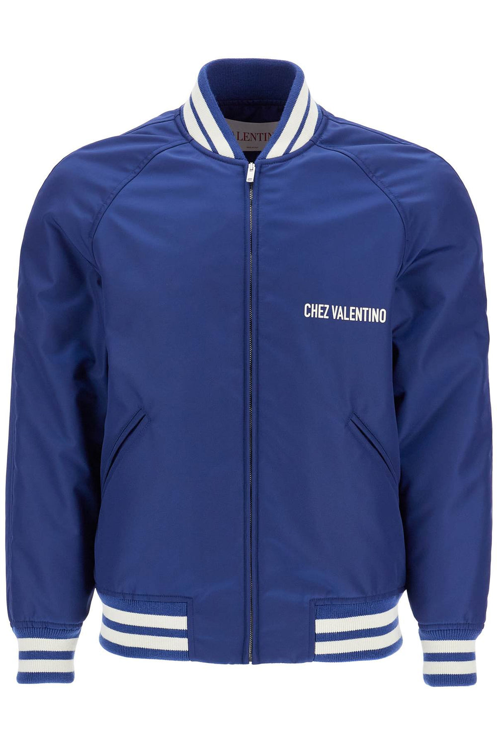 Valentino Garavani Blue Bomber Jacket In Printed Polyamide With Zip And High Collar