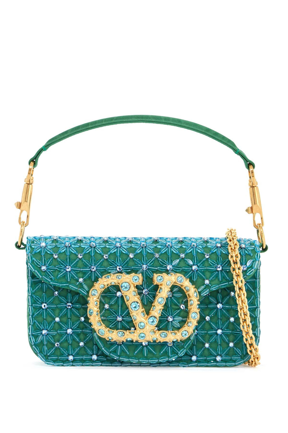 Valentino Garavani Small Turquoise Floral Shoulder Bag With Crystals And Chain