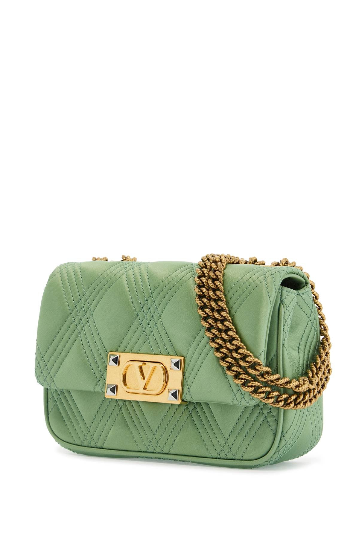 Valentino Garavani Small Quilted Green Silk Shoulder Bag With Chain