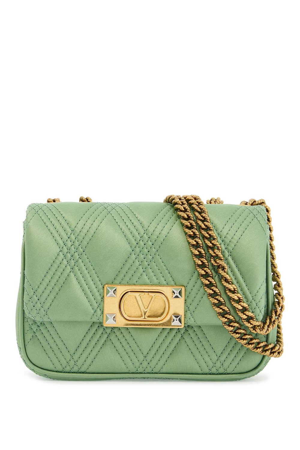 Valentino Garavani Small Quilted Green Silk Shoulder Bag With Chain