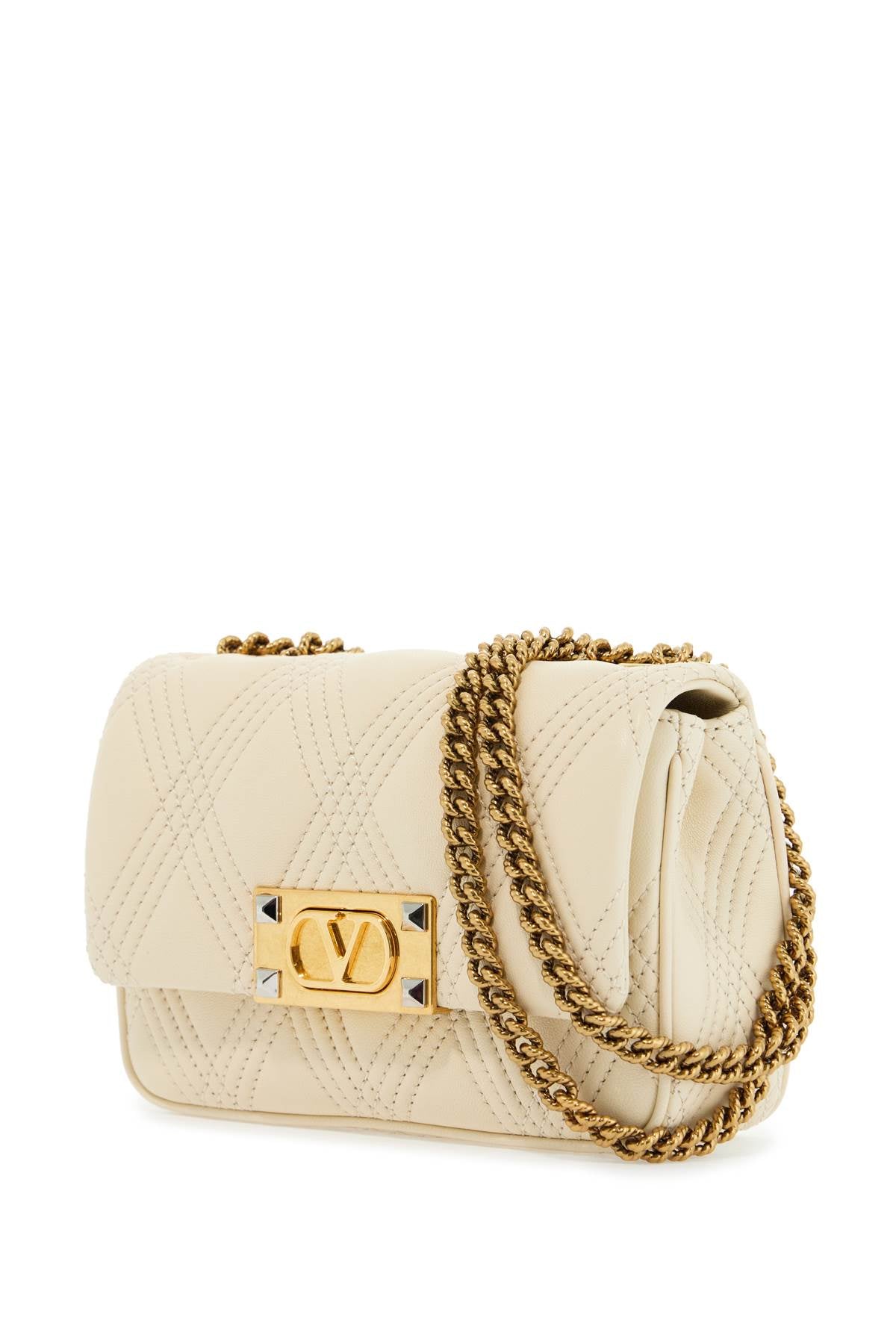 Valentino Garavani Small Shoulder Bag In Leather With Golden Chain Butter White