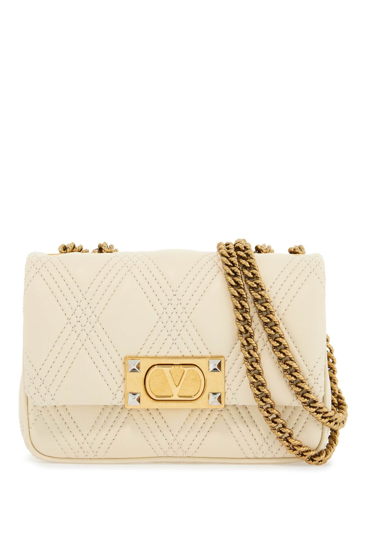 Valentino Garavani Small Shoulder Bag In Leather With Golden Chain Butter White