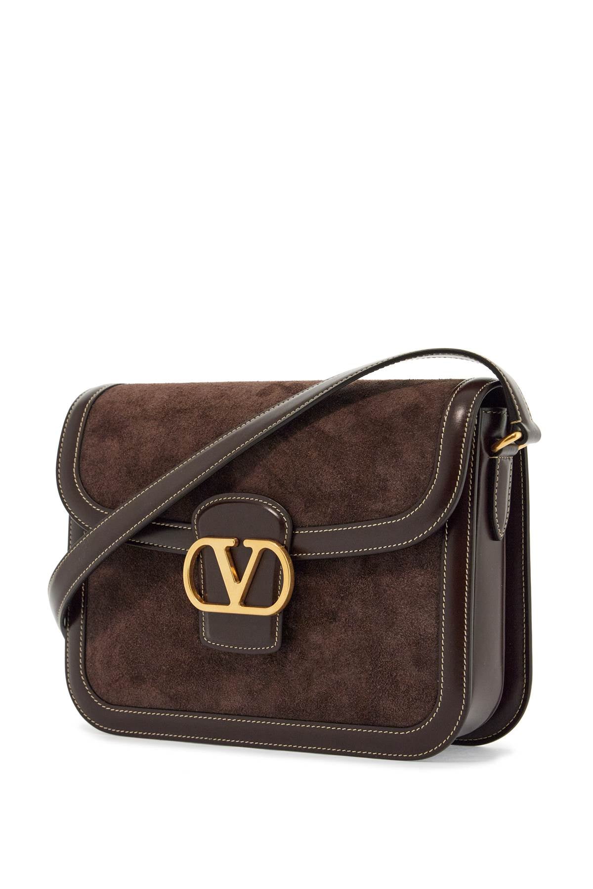 Valentino Garavani Shoulder Bag In Dark Brown Suede With Golden Buckle