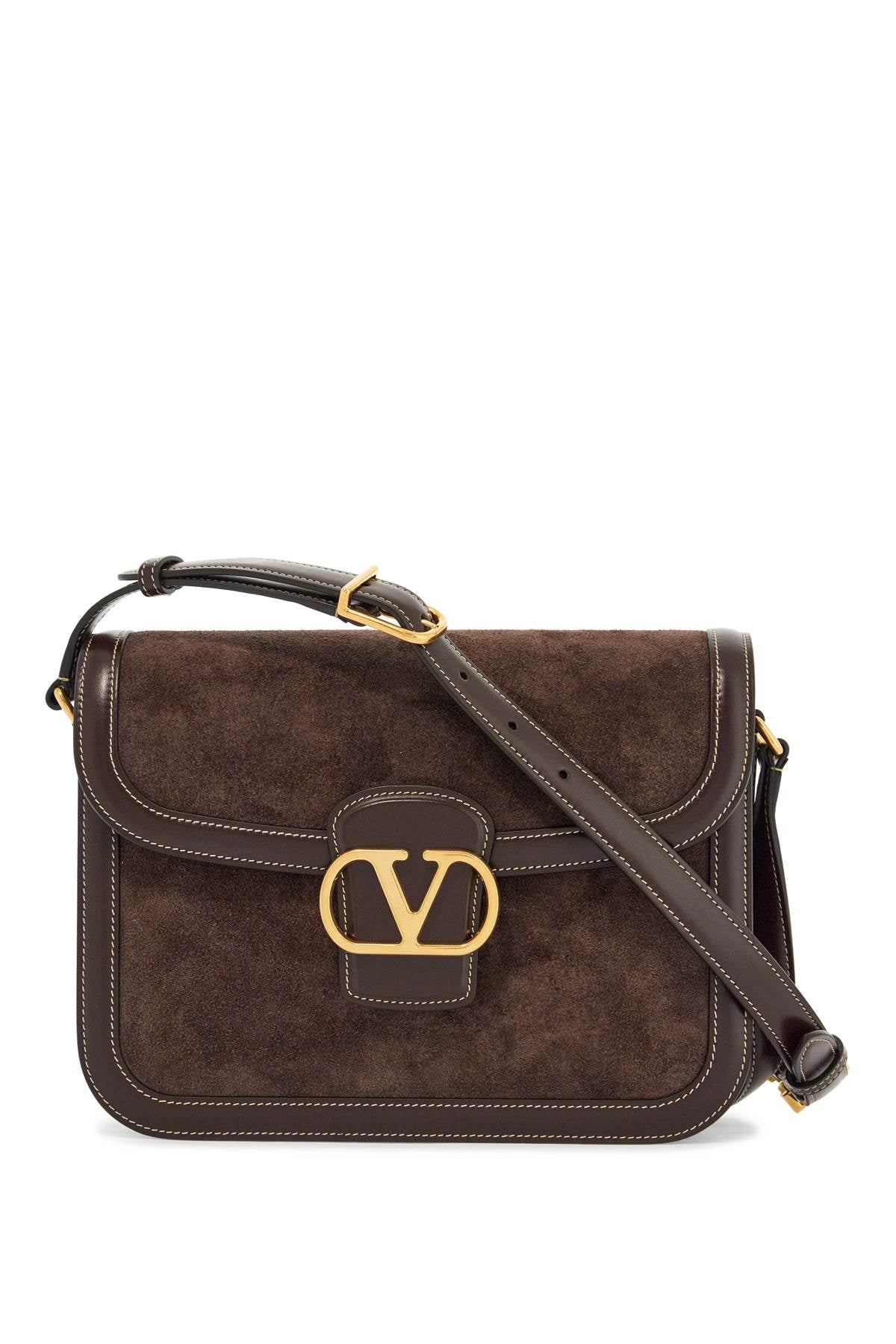 Valentino Garavani Shoulder Bag In Dark Brown Suede With Golden Buckle