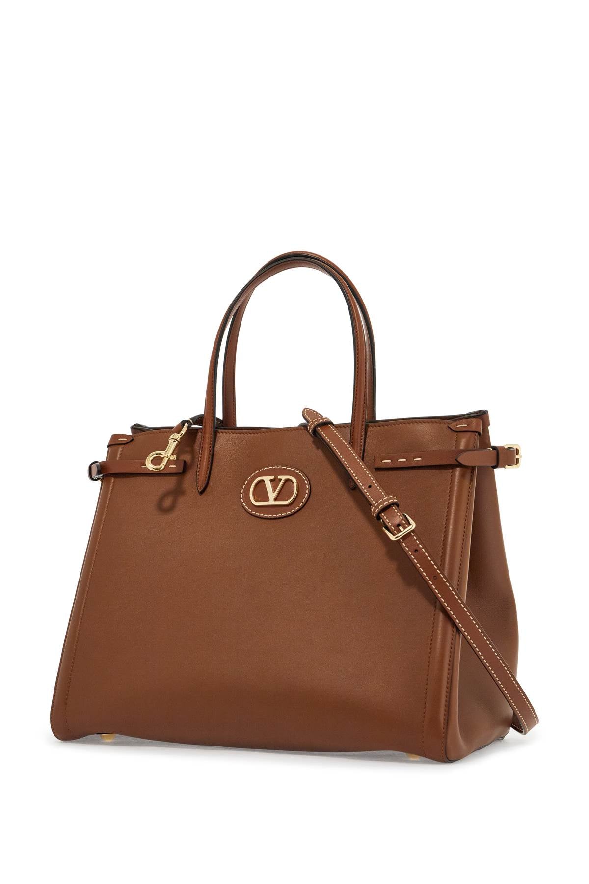 Valentino Garavani Medium Tobacco Leather Tote Bag With Adjustable Shoulder Strap