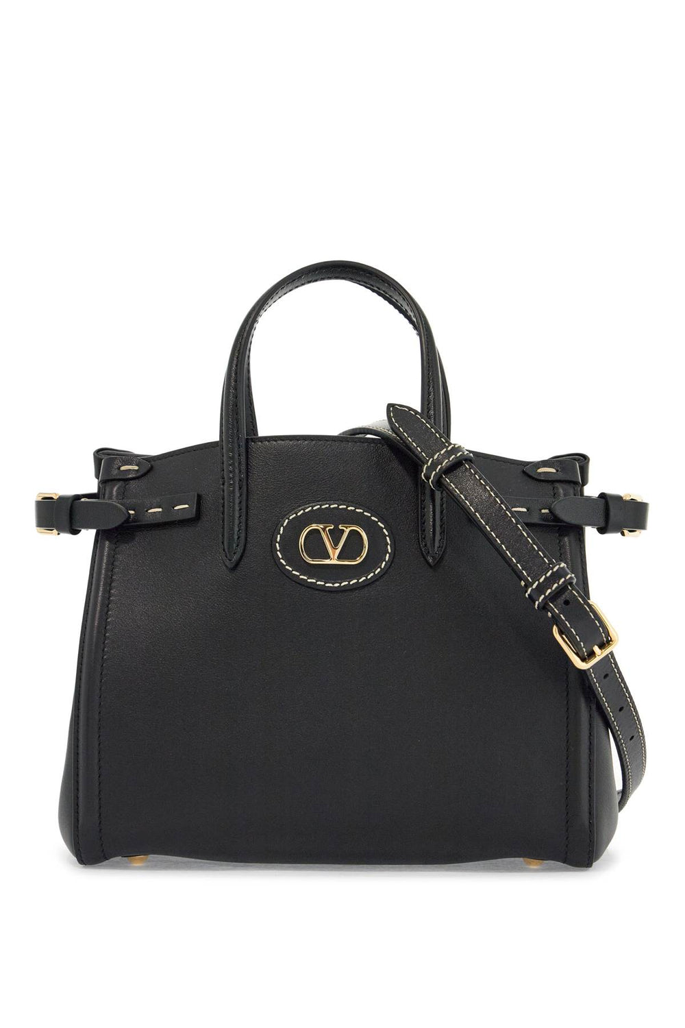 Valentino Garavani Small Black Leather Tote Bag With Gold Logo