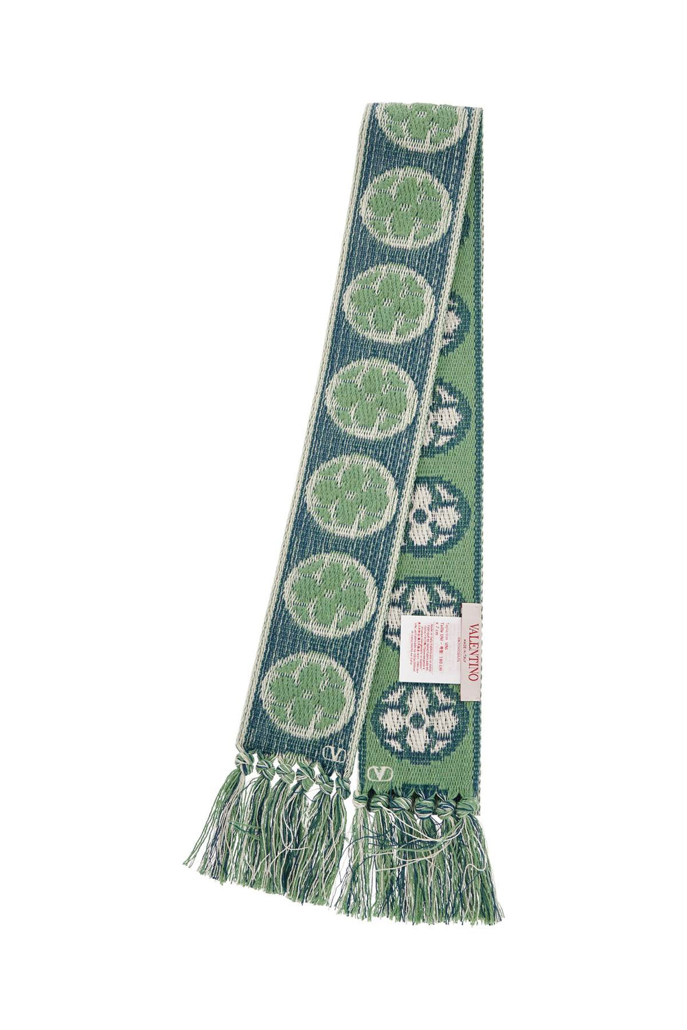 Valentino Garavani Floral Cotton Scarf With Ivory,Blue And Aqua Fringes