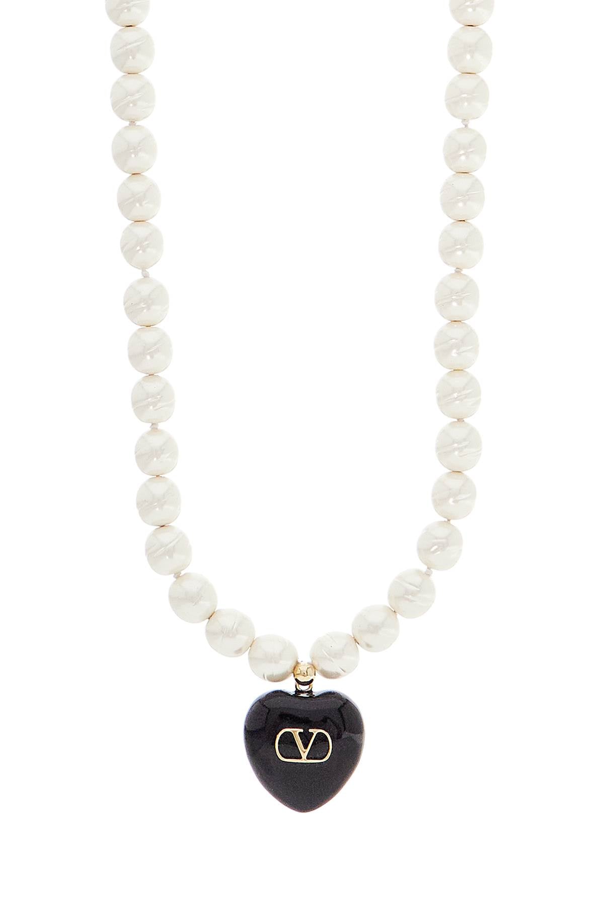 Valentino Garavani Long Baroque Pearl Necklace With Black Gold Heart Pendant And Cream