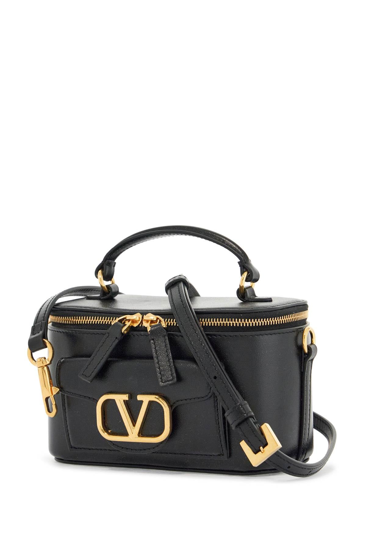 Valentino Garavani Black Leather Beauty Case with Gold Zipper and Adjustable Strap