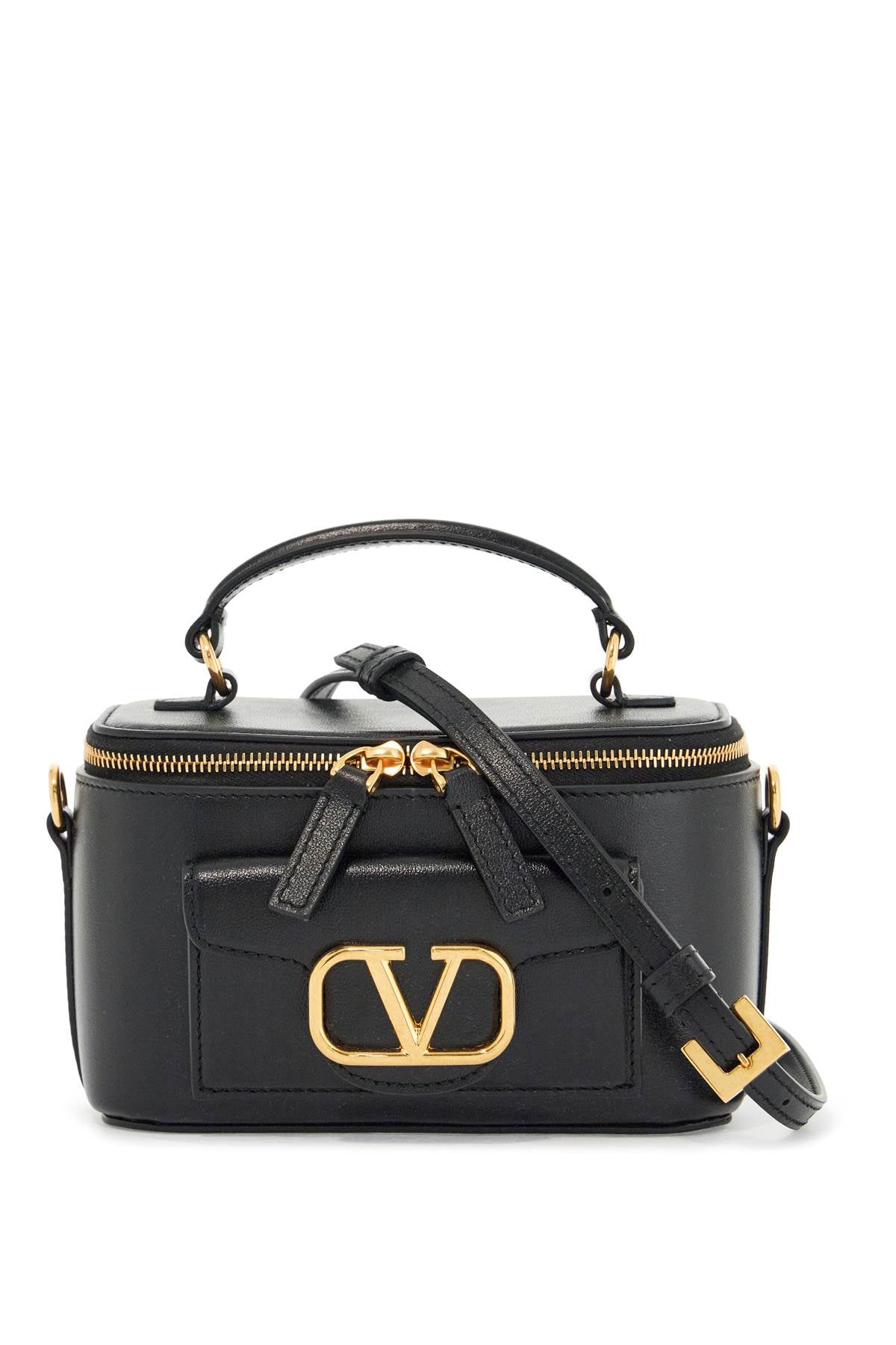 Valentino Garavani Black Leather Beauty Case with Gold Zipper and Adjustable Strap