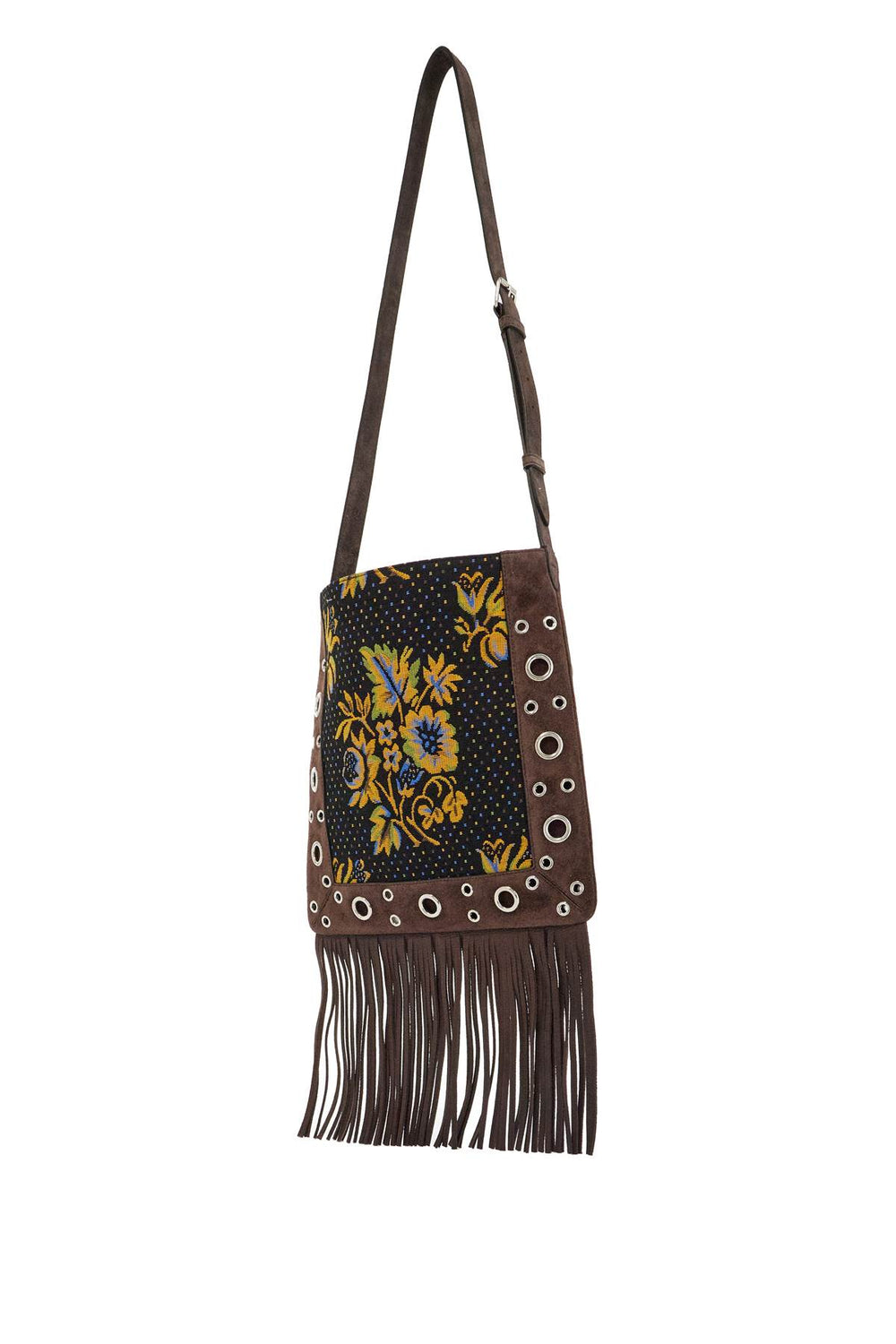 Valentino Garavani Multicolored Floral Crossbody Bag In Dark Brown With Fringes