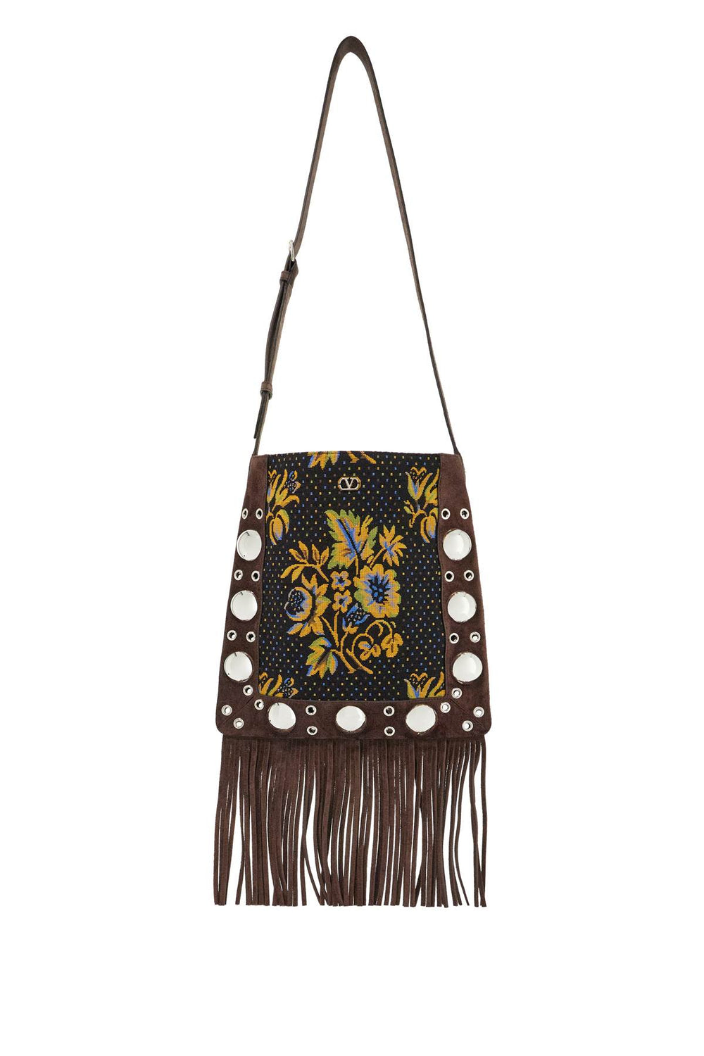 Valentino Garavani Multicolored Floral Crossbody Bag In Dark Brown With Fringes