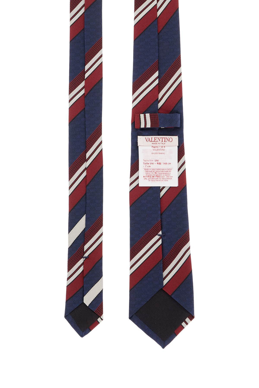 Valentino Garavani Dark Blue Silk Tie With Diagonal Bordeaux And White Stripes