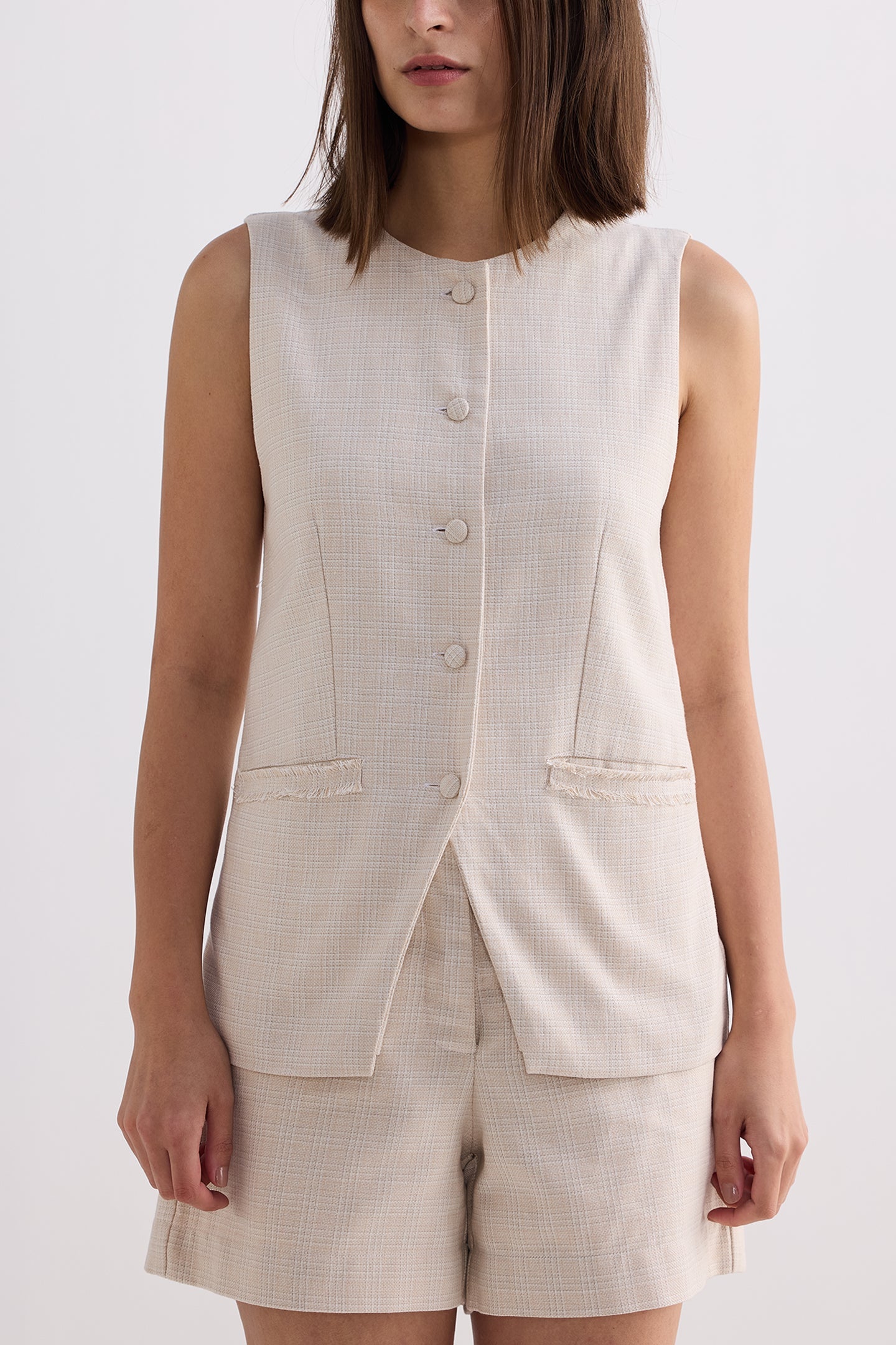 Reistor Cotton Tweed Vest Jacket Set In Cream