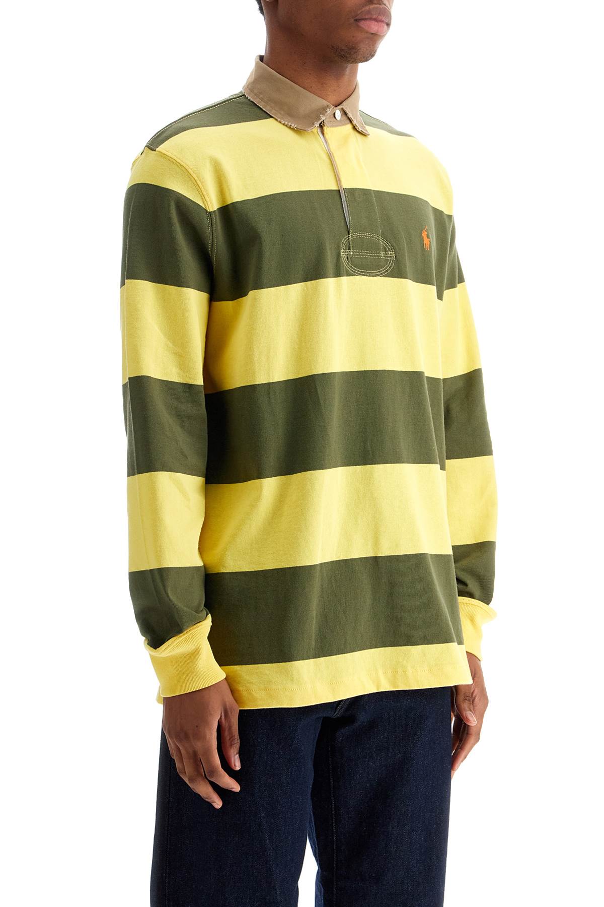 Polo Ralph Lauren Olive Green And Yellow Striped Cotton Polo Shirt