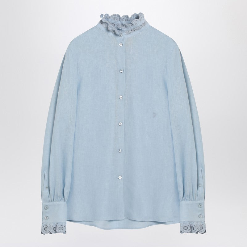 Valentino Light Blue Linen Shirt With Ruffles