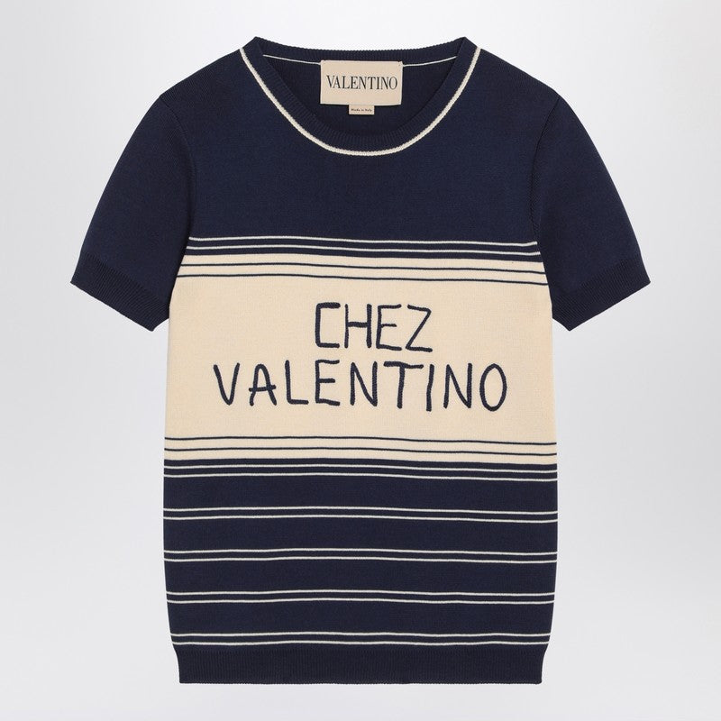 Blue Ribbed Top With Chez Valentino Embroidery