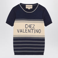 Blue Ribbed Top With Chez Valentino Embroidery