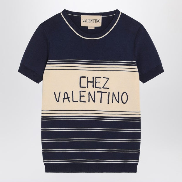 Blue Ribbed Top With Chez Valentino Embroidery