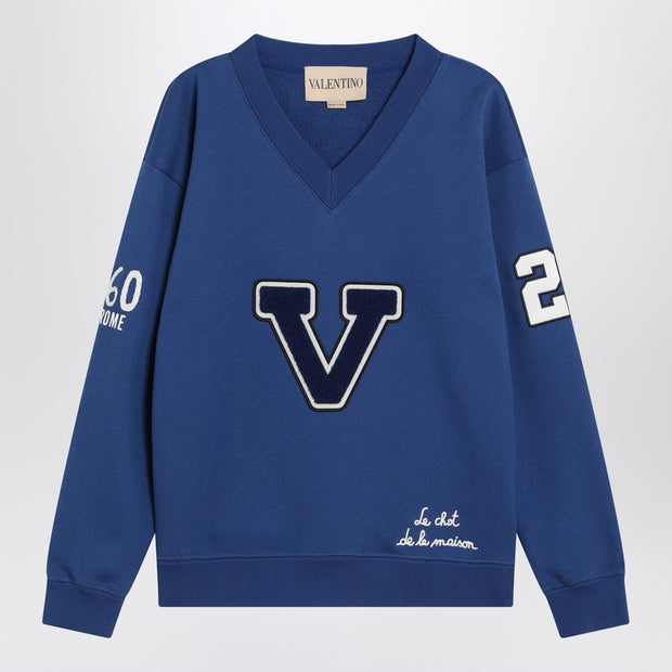 Valentino Blue Sweatshirt With V And Le Chat De La Maison Embroidery