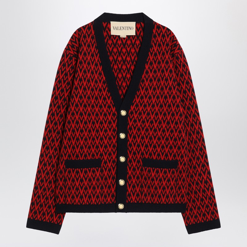Valentino Jacquard Patterned Cardigan Toute La V Red/navy Blue