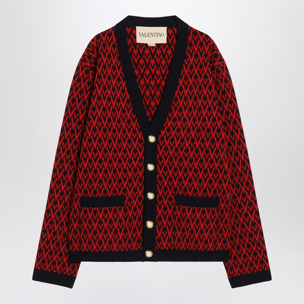 Valentino Jacquard Patterned Cardigan Toute La V Red/navy Blue