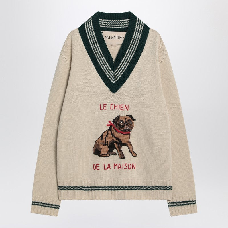 Valentino Butter-coloured Sweater With Le Chien De La Maison Embroidery