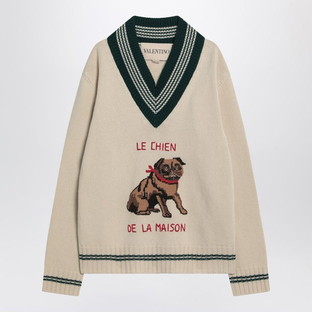 Valentino Butter-coloured Sweater With Le Chien De La Maison Embroidery