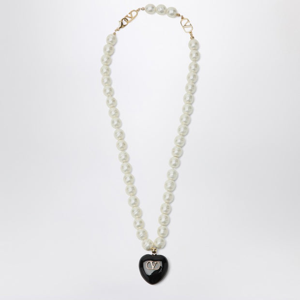 Valentino Garavani Black Coeur Royal Pearl Necklace