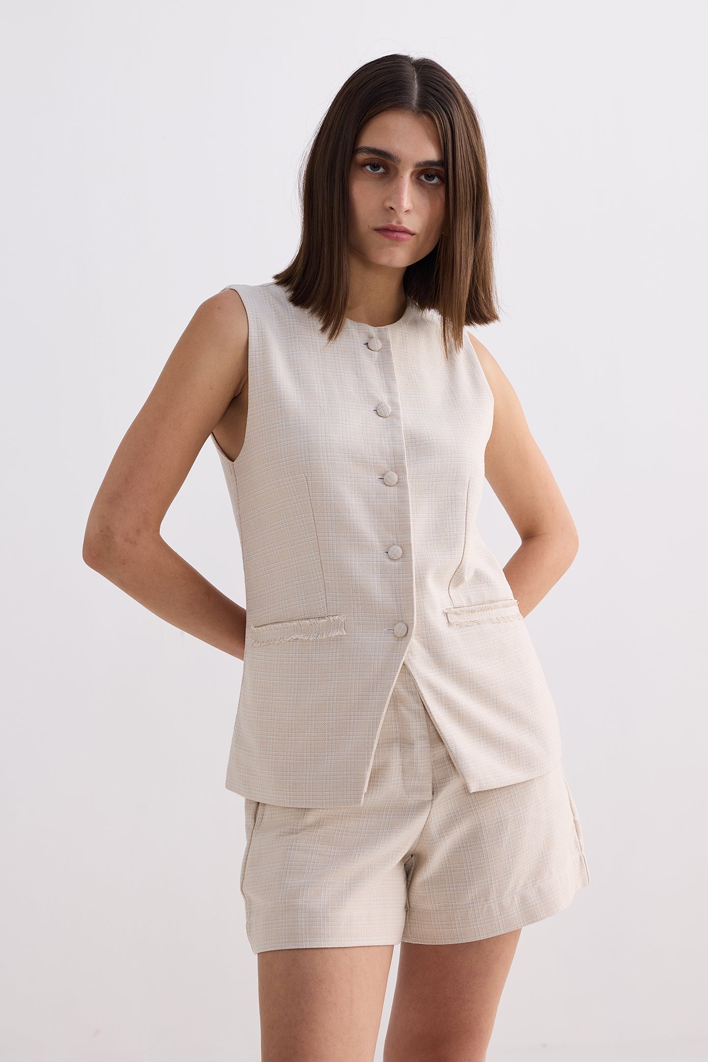 Reistor Cotton Tweed Vest Jacket Set In Cream