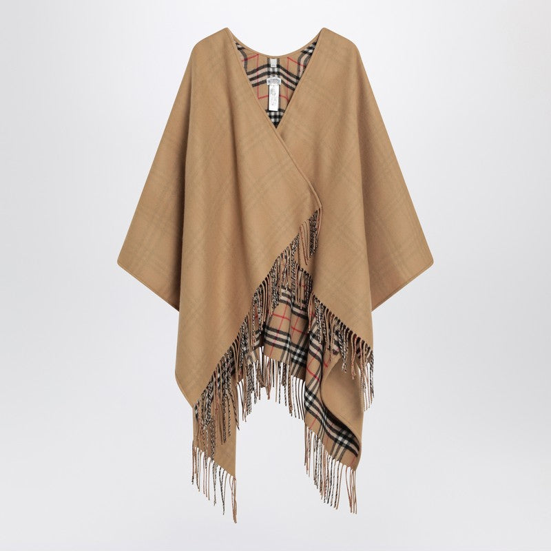 Burberry Beige Wool Cape With Check Pattern