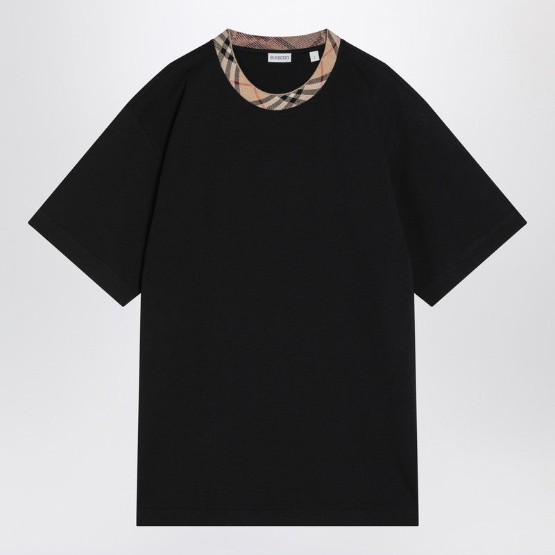 Burberry Black Cotton T-shirt With Check Finishes