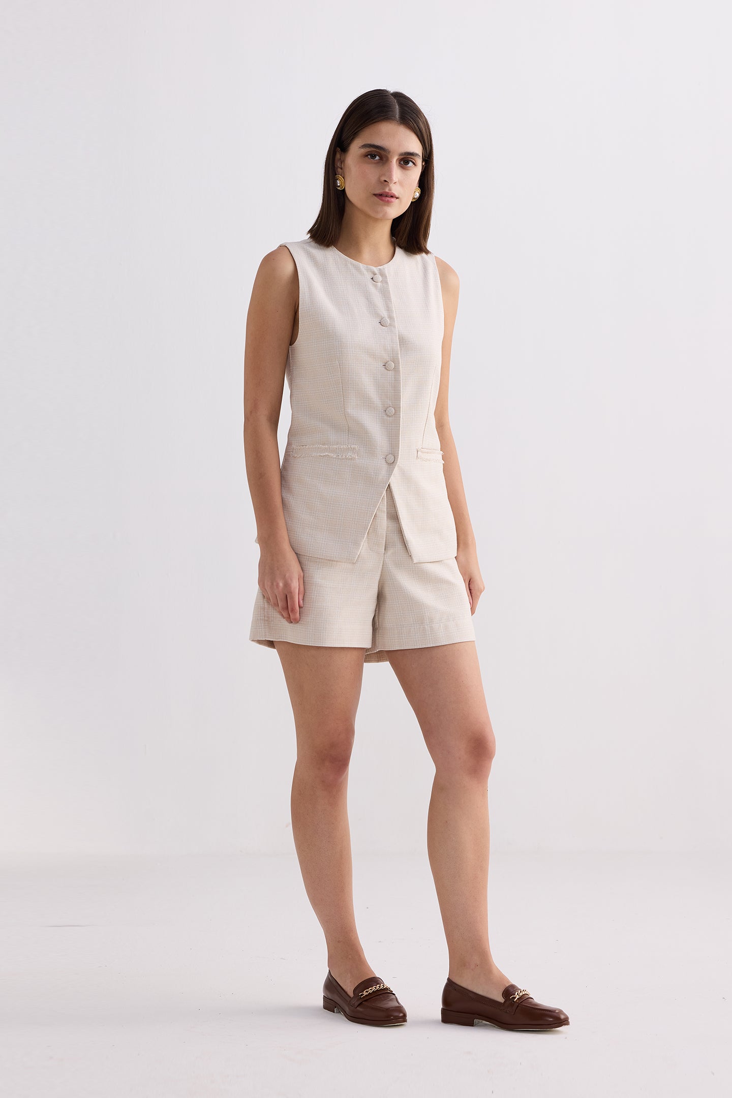 Reistor Cotton Tweed Vest Jacket Set In Cream