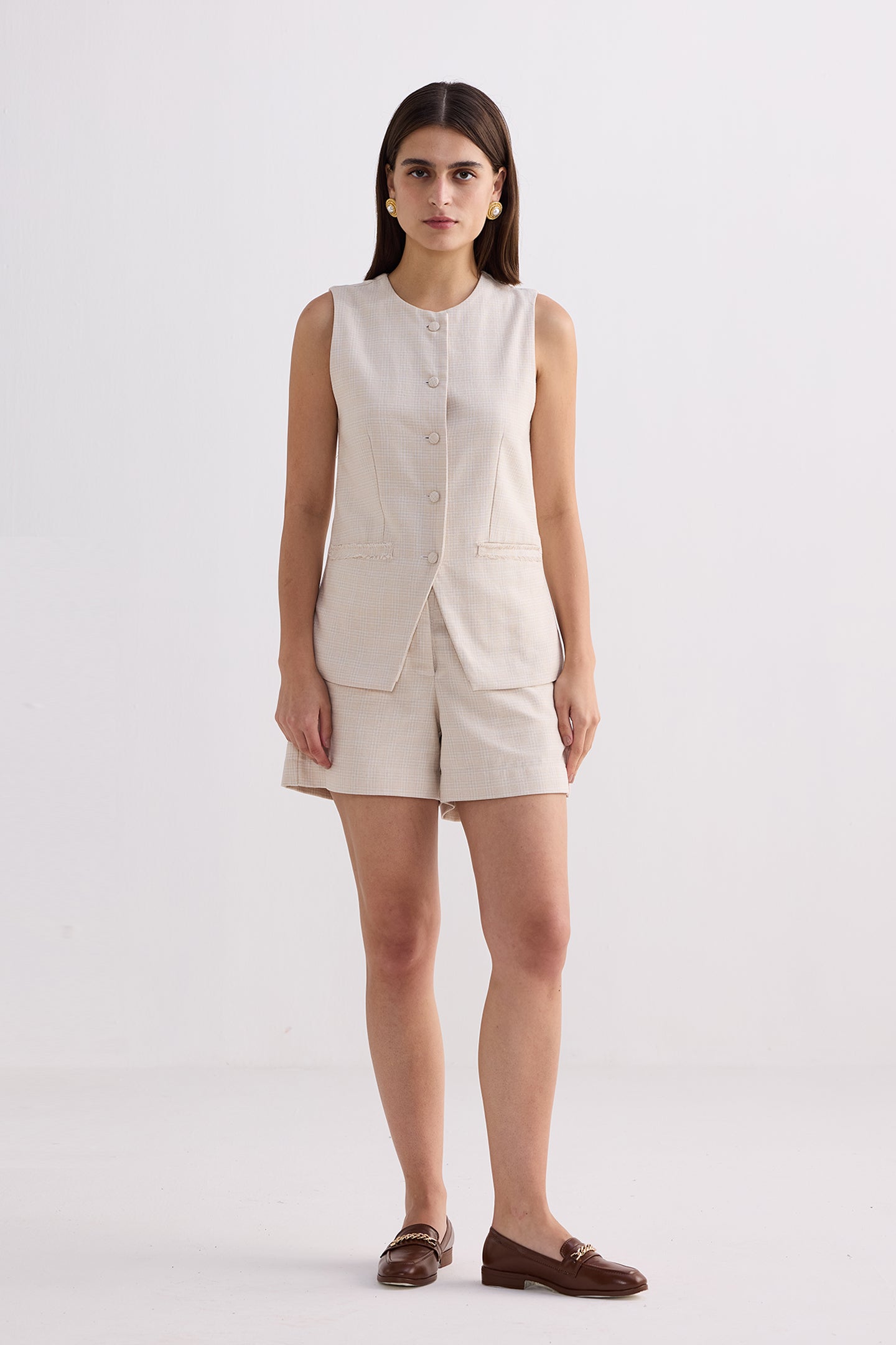 Reistor Cotton Tweed Vest Jacket Set In Cream