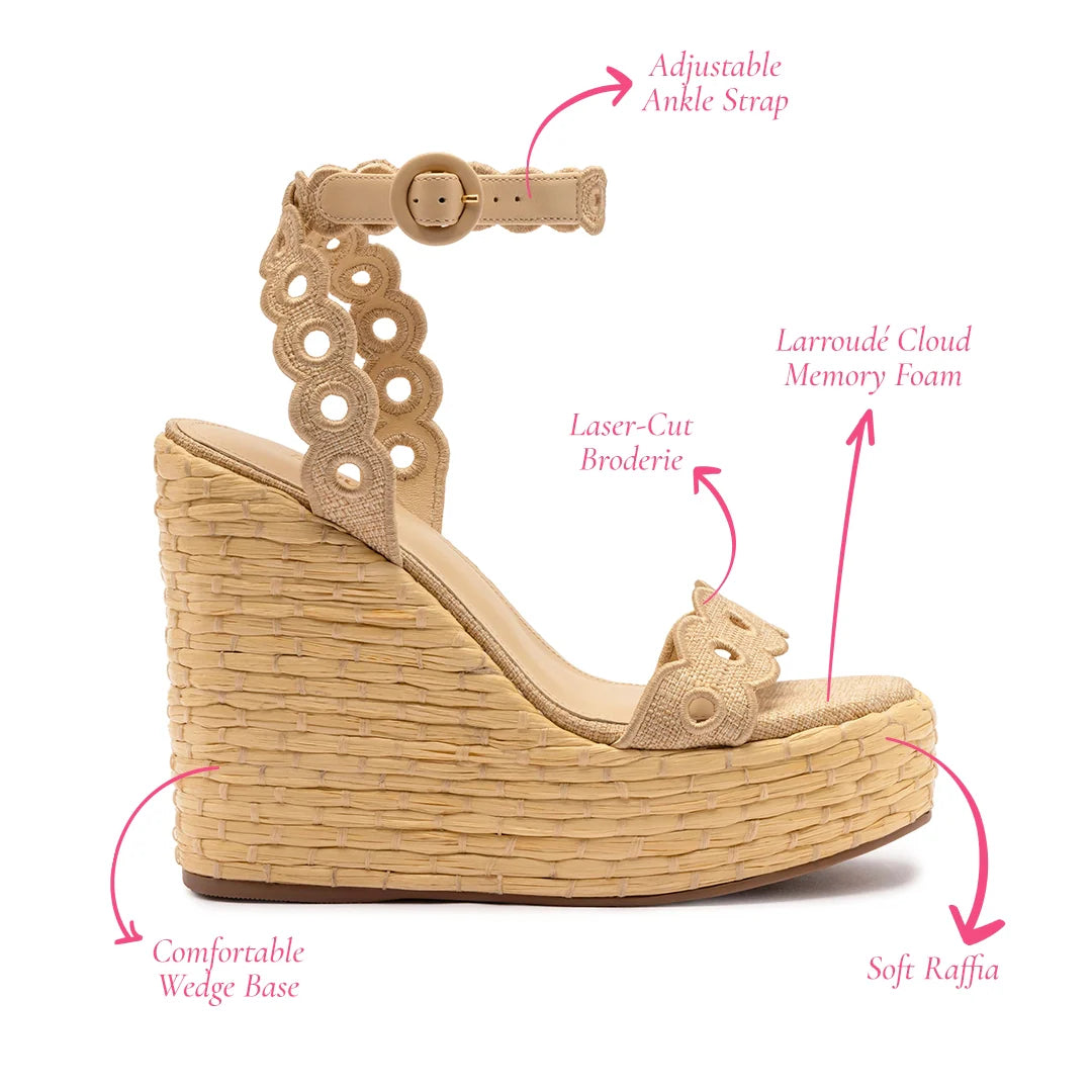 Larroude Florence Broderie Wedge In Beige Raffia