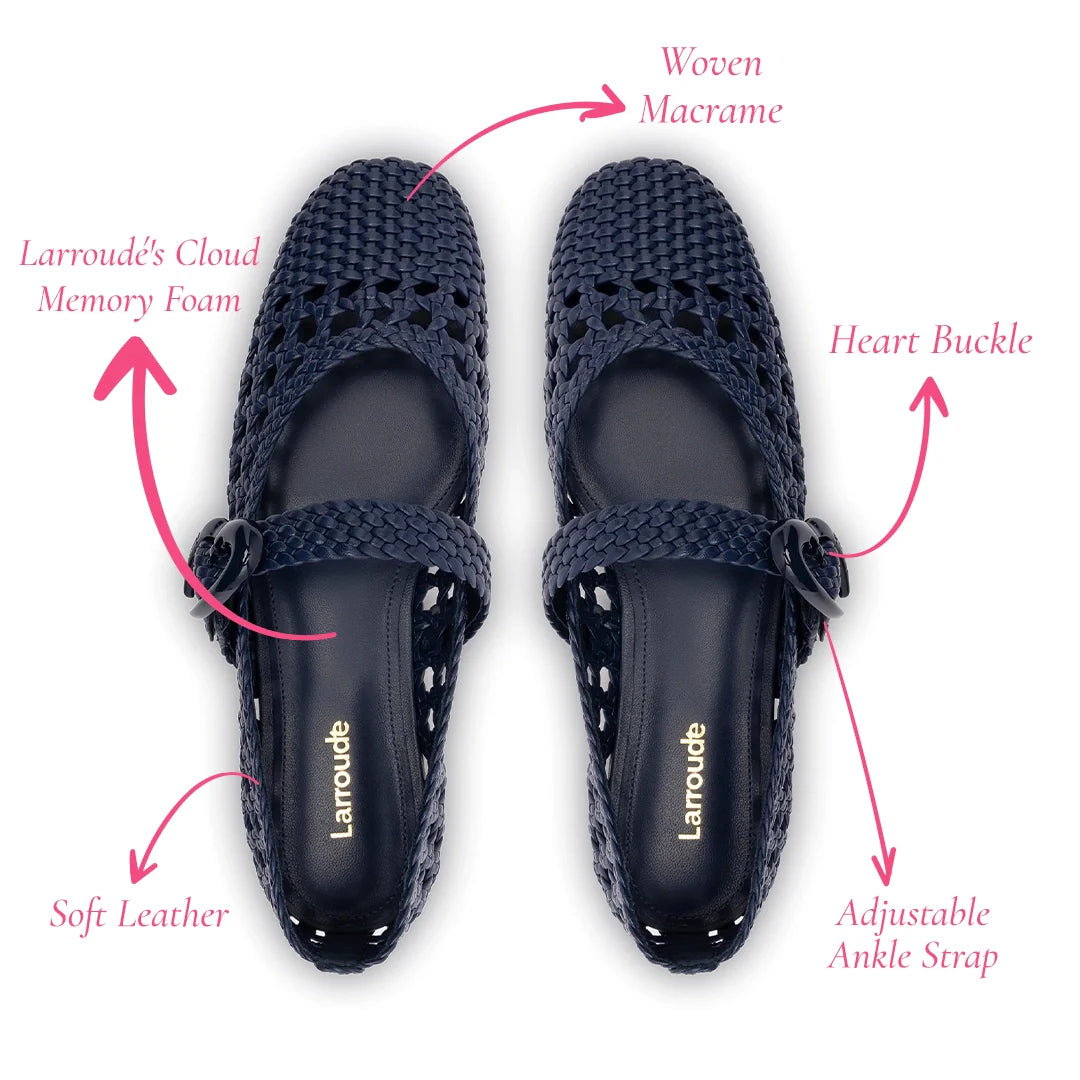 Larroude Verona Macrame Ballet Flat In Navy Leather