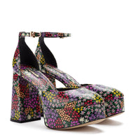 Larroude Ari Pump In Black Mixed Flowers Print Saffiano Patent Leather