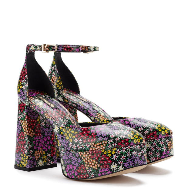 Larroude Ari Pump In Black Mixed Flowers Print Saffiano Patent Leather