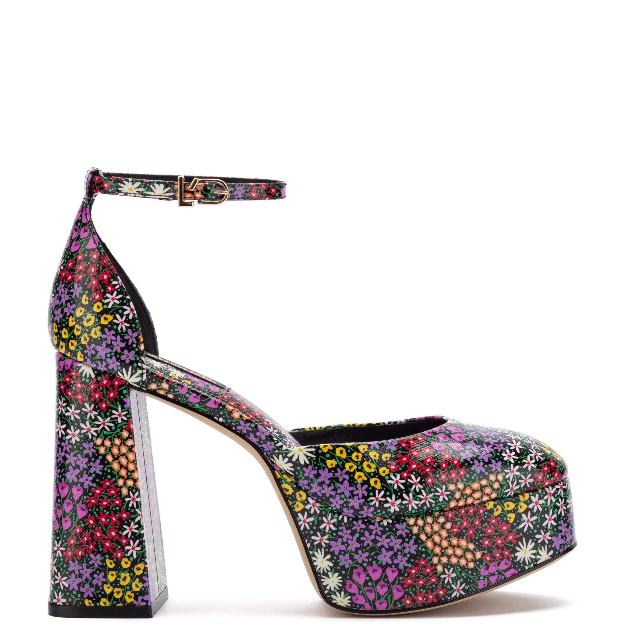 Larroude Ari Pump In Black Mixed Flowers Print Saffiano Patent Leather