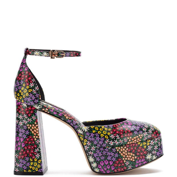 Larroude Ari Pump In Black Mixed Flowers Print Saffiano Patent Leather