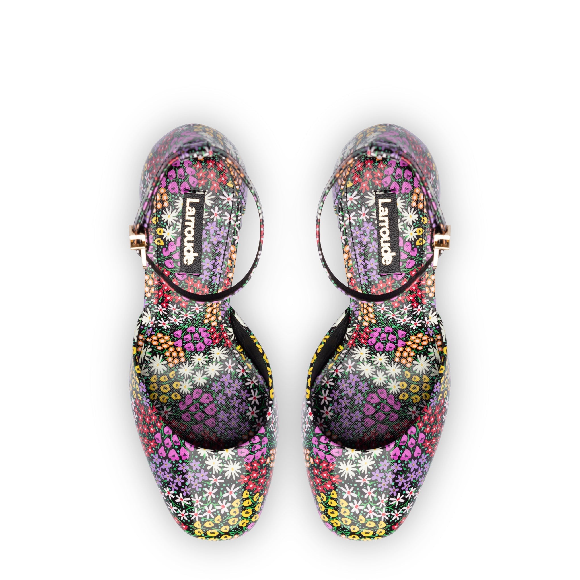 Larroude Ari Pump In Black Mixed Flowers Print Saffiano Patent Leather