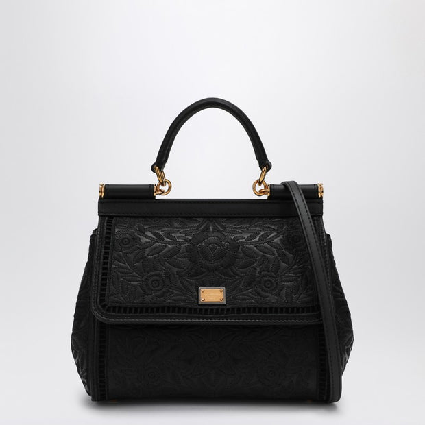 Dolce & Gabbana Black Embroidered Handbag Sicily Medium