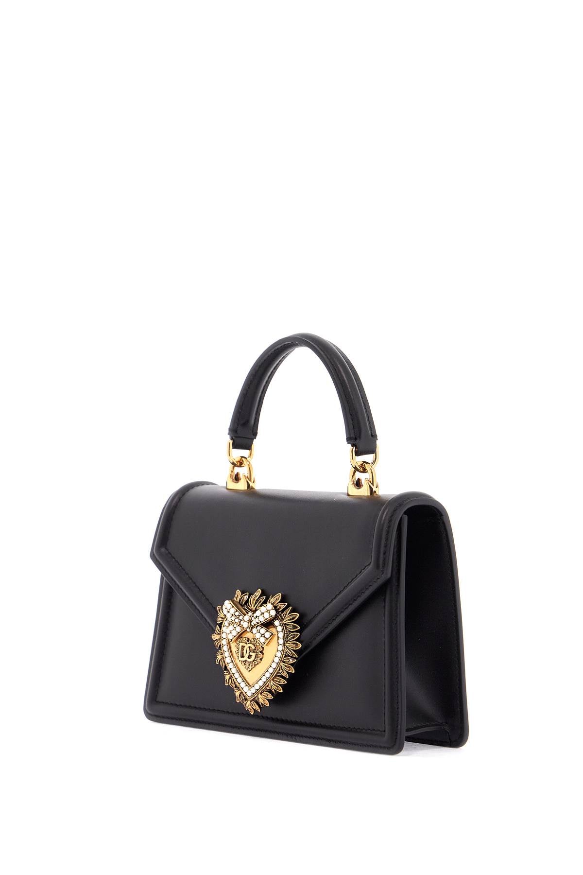 Dolce & Gabbana Black Calfskin Devotion Shoulder Bag With Rhinestone Details And Gold Chain