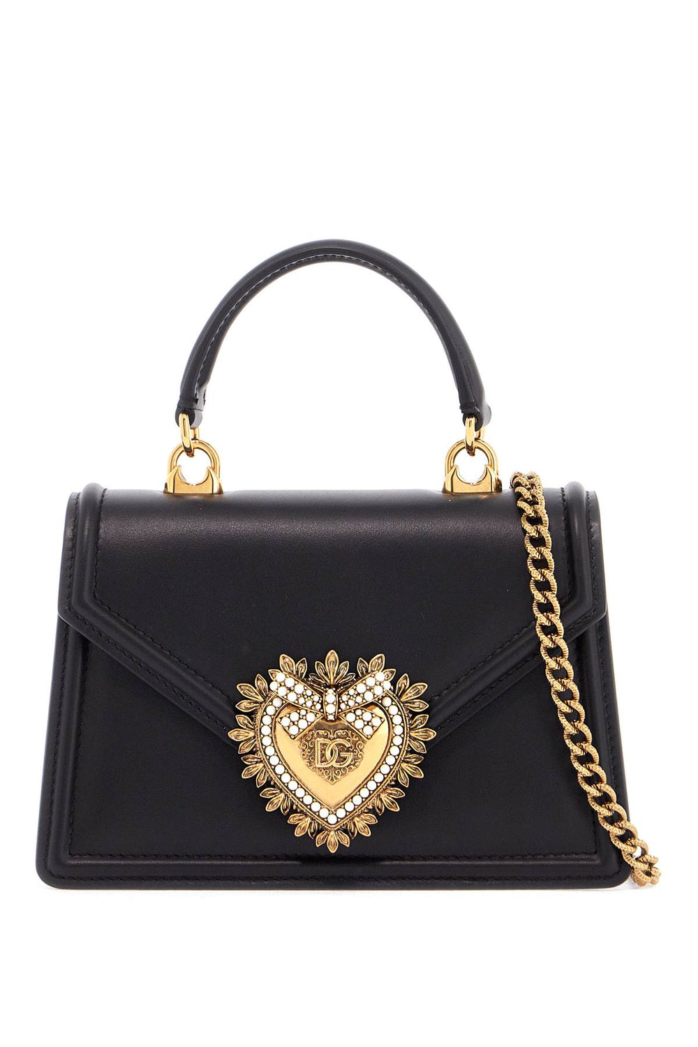 Dolce & Gabbana Black Calfskin Shoulder Bag With Rhinestone Details And Gold Chain