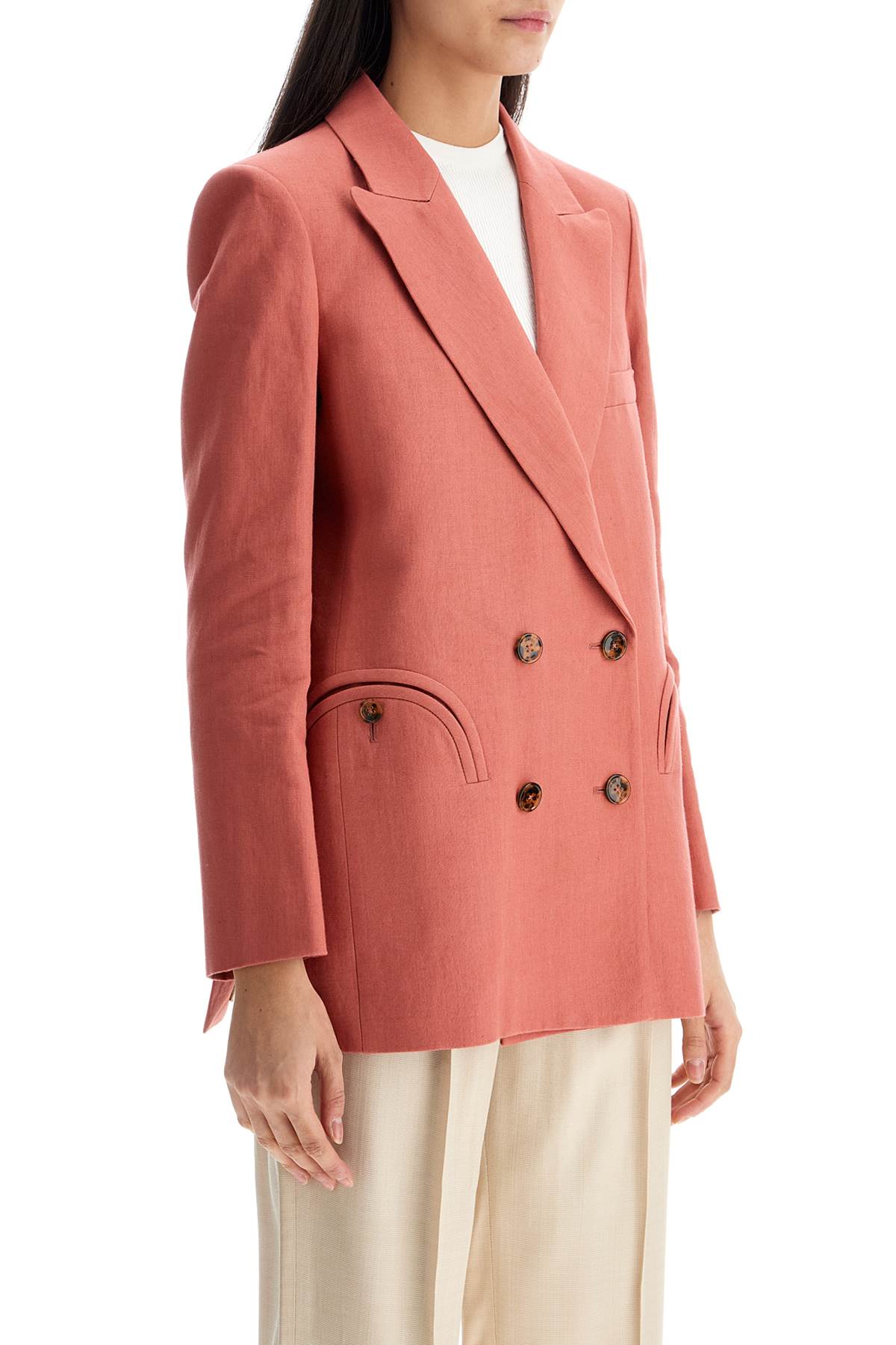 Blaze Milano Coral Linen Single-breasted Blazer With Tortoise Style Buttons