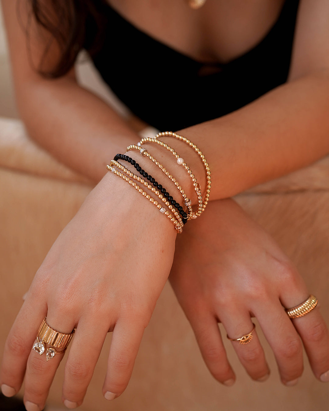 Zoe Lev 3mm Gold Segment Bead Bracelet With Pearl Beads