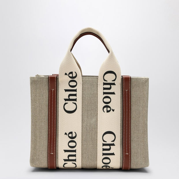 Chloé Woody Small Tote Bag In Beige Canvas